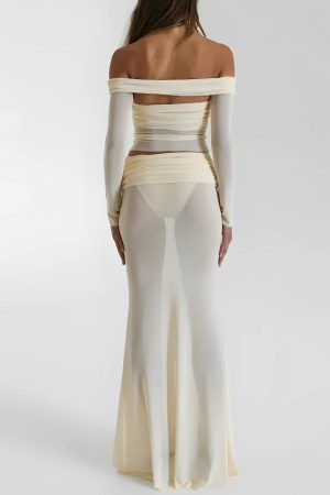 Quick Outfits, Modest Fashion Outfits Ideas Sheer Off Shoulder Top & Maxi Skirt Two Piece Set