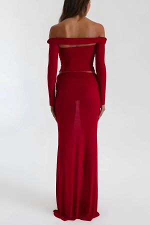 Quick Outfits, Modest Fashion Outfits Ideas Sheer Off Shoulder Top & Maxi Skirt Two Piece Set