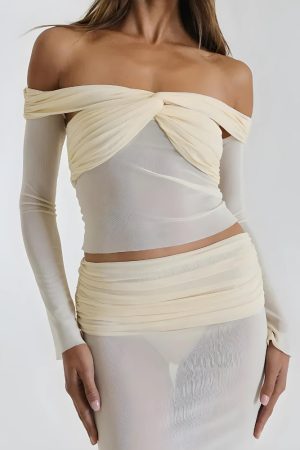 Quick Outfits, Modest Fashion Outfits Ideas Sheer Off Shoulder Top & Maxi Skirt Two Piece Set