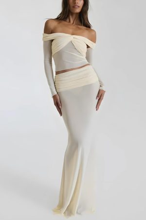 Quick Outfits, Modest Fashion Outfits Ideas Sheer Off Shoulder Top & Maxi Skirt Two Piece Set
