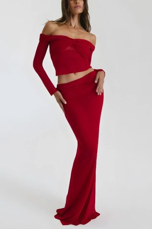 Quick Outfits, Modest Fashion Outfits Ideas Sheer Off Shoulder Top & Maxi Skirt Two Piece Set