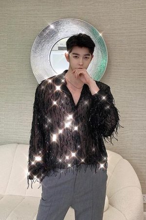 Quick Outfits, Modest Fashion Outfits Ideas Shiny Sequin Sheer Shirt