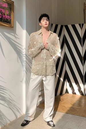 Quick Outfits, Modest Fashion Outfits Ideas Shiny Sequin Sheer Shirt