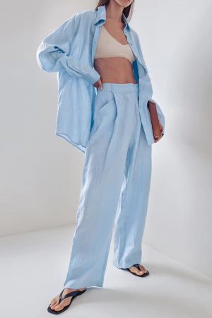 Quick Outfits, Modest Fashion Outfits Ideas Shirt & Pants Blue Two Piece Set