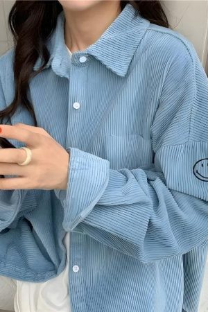Quick Outfits, Modest Fashion Outfits Ideas Smiley Embroidered Corduroy Shirt