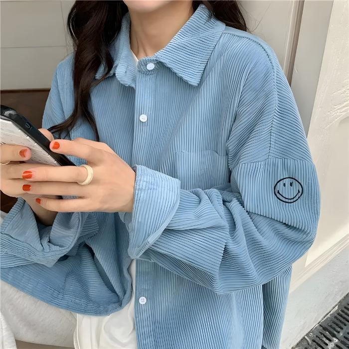 Quick Outfits, Modest Fashion Outfits Ideas Smiley Embroidered Corduroy Shirt Quick Outfits, Modest Fashion Outfits Ideas Smiley Embroidered Corduroy Shirt