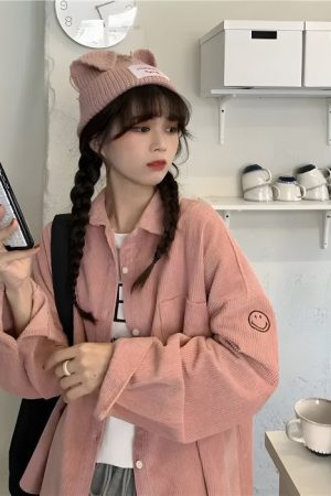 Quick Outfits, Modest Fashion Outfits Ideas Smiley Embroidered Corduroy Shirt