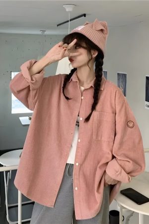 Quick Outfits, Modest Fashion Outfits Ideas Smiley Embroidered Corduroy Shirt