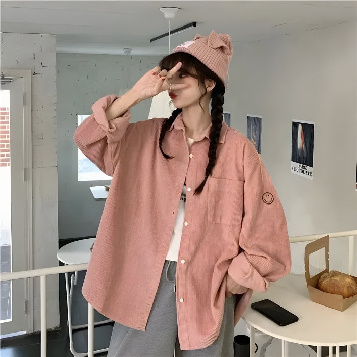 Quick Outfits, Modest Fashion Outfits Ideas Smiley Embroidered Corduroy Shirt Quick Outfits, Modest Fashion Outfits Ideas Smiley Embroidered Corduroy Shirt