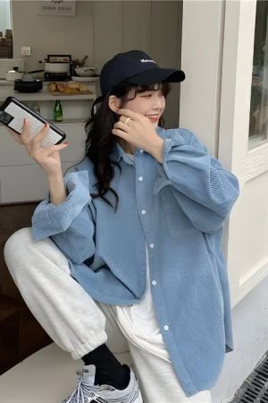 Quick Outfits, Modest Fashion Outfits Ideas Smiley Embroidered Corduroy Shirt