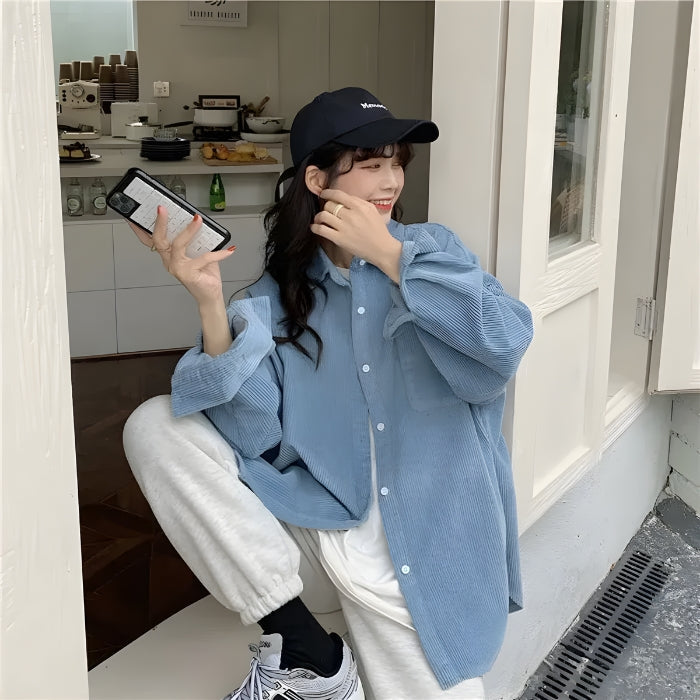 Quick Outfits, Modest Fashion Outfits Ideas Smiley Embroidered Corduroy Shirt Quick Outfits, Modest Fashion Outfits Ideas Smiley Embroidered Corduroy Shirt