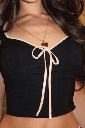 Quick Outfits, Modest Fashion Outfits Ideas Soft Girl Bow Sweetheart Neckline Top