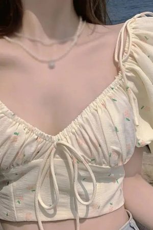 Quick Outfits, Modest Fashion Outfits Ideas Soft Girl Floral Puff Sleeve Crop Top