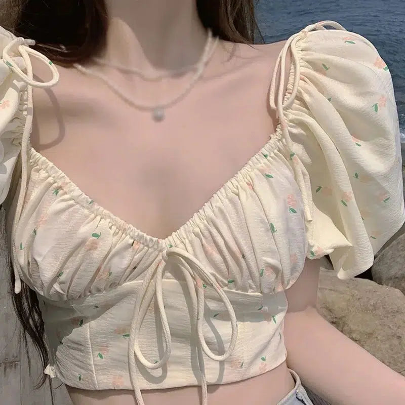 Quick Outfits, Modest Fashion Outfits Ideas Soft Girl Floral Puff Sleeve Crop Top Quick Outfits, Modest Fashion Outfits Ideas Soft Girl Floral Puff Sleeve Crop Top