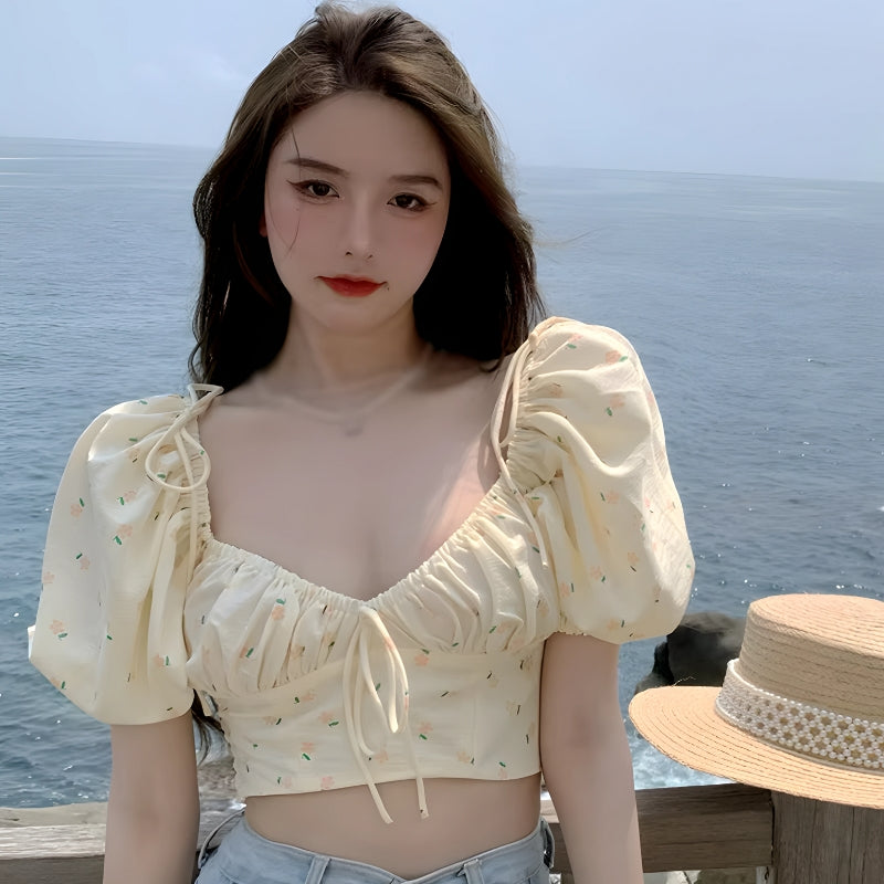 Quick Outfits, Modest Fashion Outfits Ideas Soft Girl Floral Puff Sleeve Crop Top Quick Outfits, Modest Fashion Outfits Ideas Soft Girl Floral Puff Sleeve Crop Top