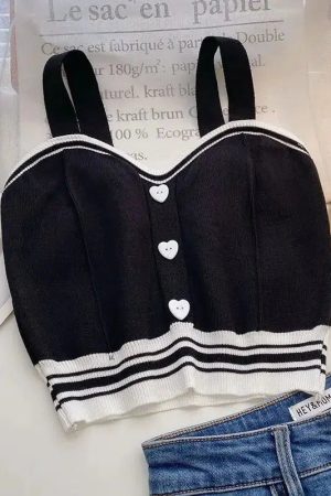 Quick Outfits, Modest Fashion Outfits Ideas Soft Girl Heart Buttoned Knitted Crop Top