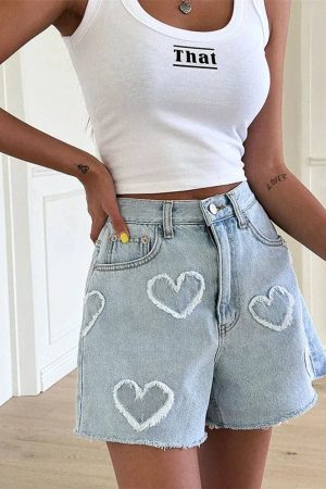 Quick Outfits, Modest Fashion Outfits Ideas Soft Girl Heart Patch Denim Shorts