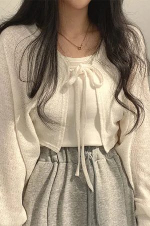 Quick Outfits, Modest Fashion Outfits Ideas Soft Girl Lace Up Crop Cardigan