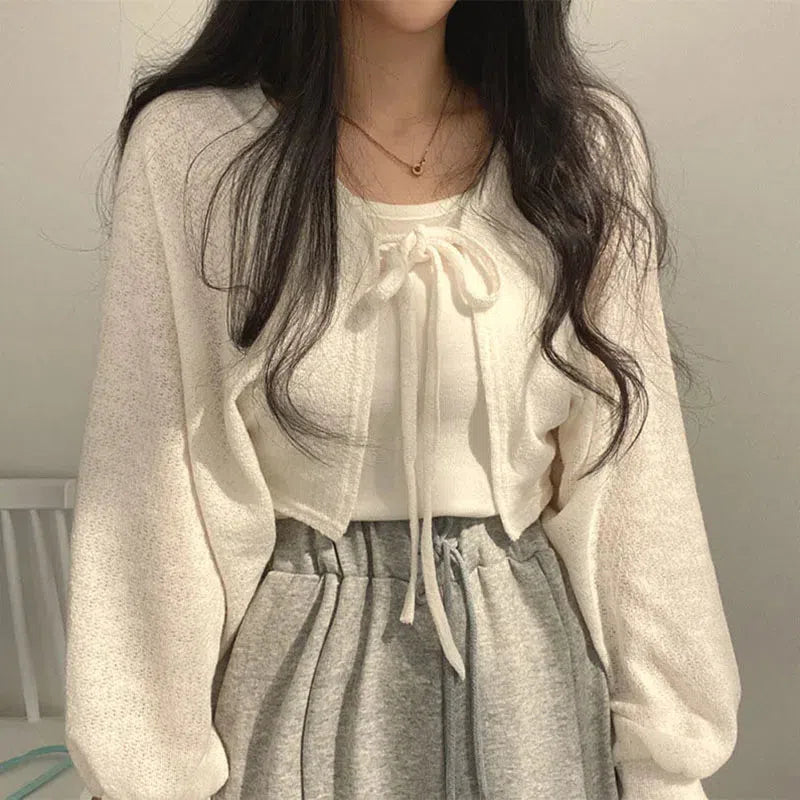 Quick Outfits, Modest Fashion Outfits Ideas Soft Girl Lace Up Crop Cardigan Quick Outfits, Modest Fashion Outfits Ideas Soft Girl Lace Up Crop Cardigan