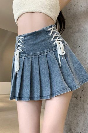 Quick Outfits, Modest Fashion Outfits Ideas Soft Girl Lace Up Denim Mini Skirt