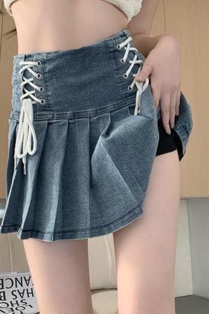 Quick Outfits, Modest Fashion Outfits Ideas Soft Girl Lace Up Denim Mini Skirt