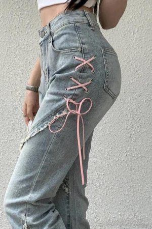 Quick Outfits, Modest Fashion Outfits Ideas Soft Girl Lace Up Slit Flare Jeans