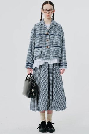 Quick Outfits, Modest Fashion Outfits Ideas Soft Girl Plaid Bubble Midi Skirt