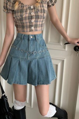 Quick Outfits, Modest Fashion Outfits Ideas Soft Girl Pleated Denim Mini Skirt