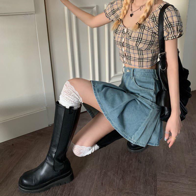 Quick Outfits, Modest Fashion Outfits Ideas Soft Girl Pleated Denim Mini Skirt Quick Outfits, Modest Fashion Outfits Ideas Soft Girl Pleated Denim Mini Skirt