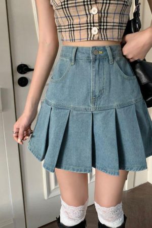 Quick Outfits, Modest Fashion Outfits Ideas Soft Girl Pleated Denim Mini Skirt