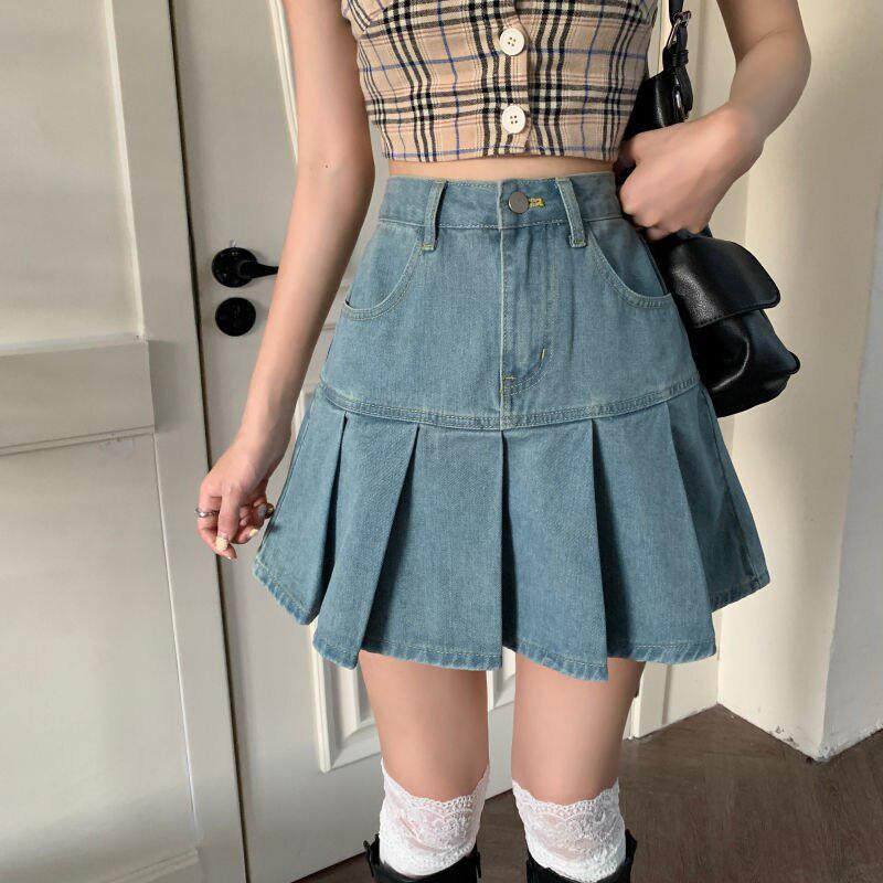 Quick Outfits, Modest Fashion Outfits Ideas Soft Girl Pleated Denim Mini Skirt Quick Outfits, Modest Fashion Outfits Ideas Soft Girl Pleated Denim Mini Skirt
