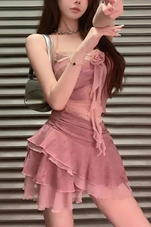 Quick Outfits, Modest Fashion Outfits Ideas Soft Girl Rose Top & Mini Skirt Two Piece Set