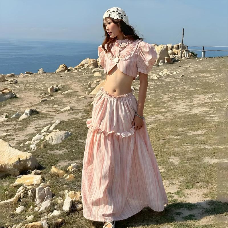 Quick Outfits, Modest Fashion Outfits Ideas Soft Girl Striped Crop Top & Maxi Skirt Two Piece Set Quick Outfits, Modest Fashion Outfits Ideas Soft Girl Striped Crop Top & Maxi Skirt Two Piece Set