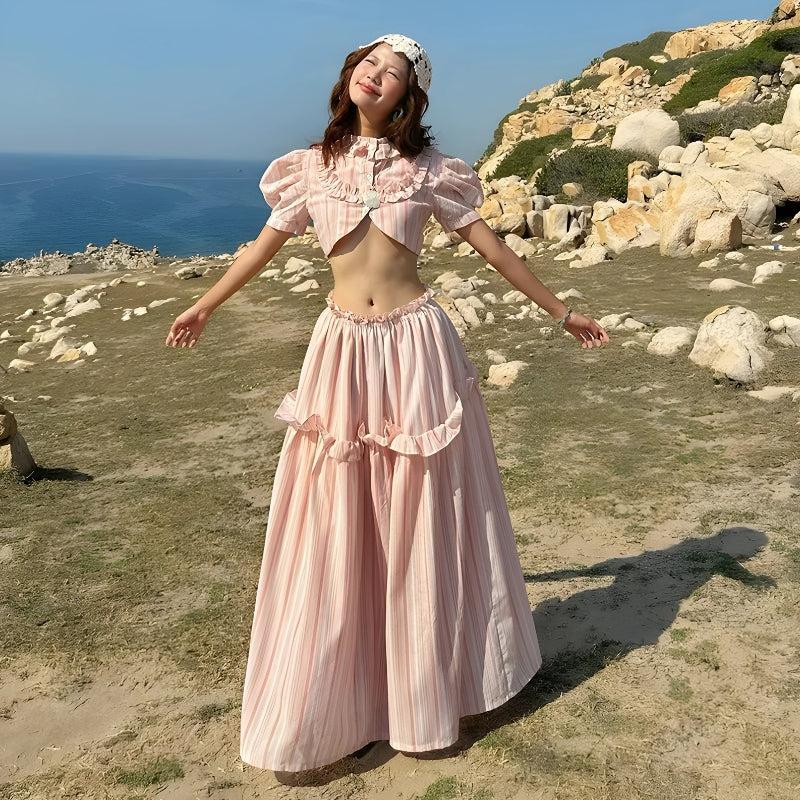 Quick Outfits, Modest Fashion Outfits Ideas Soft Girl Striped Crop Top & Maxi Skirt Two Piece Set Quick Outfits, Modest Fashion Outfits Ideas Soft Girl Striped Crop Top & Maxi Skirt Two Piece Set