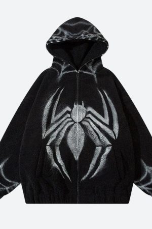 Quick Outfits, Modest Fashion Outfits Ideas Spider Full Zip-Up Teddy Hoodie Jacket