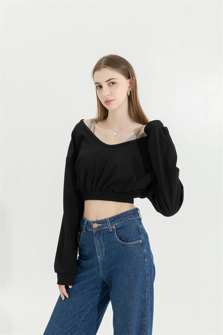Quick Outfits, Modest Fashion Outfits Ideas Strap Detailed Wide Neck Crop Sweatshirt Quick Outfits, Modest Fashion Outfits Ideas Strap Detailed Wide Neck Crop Sweatshirt