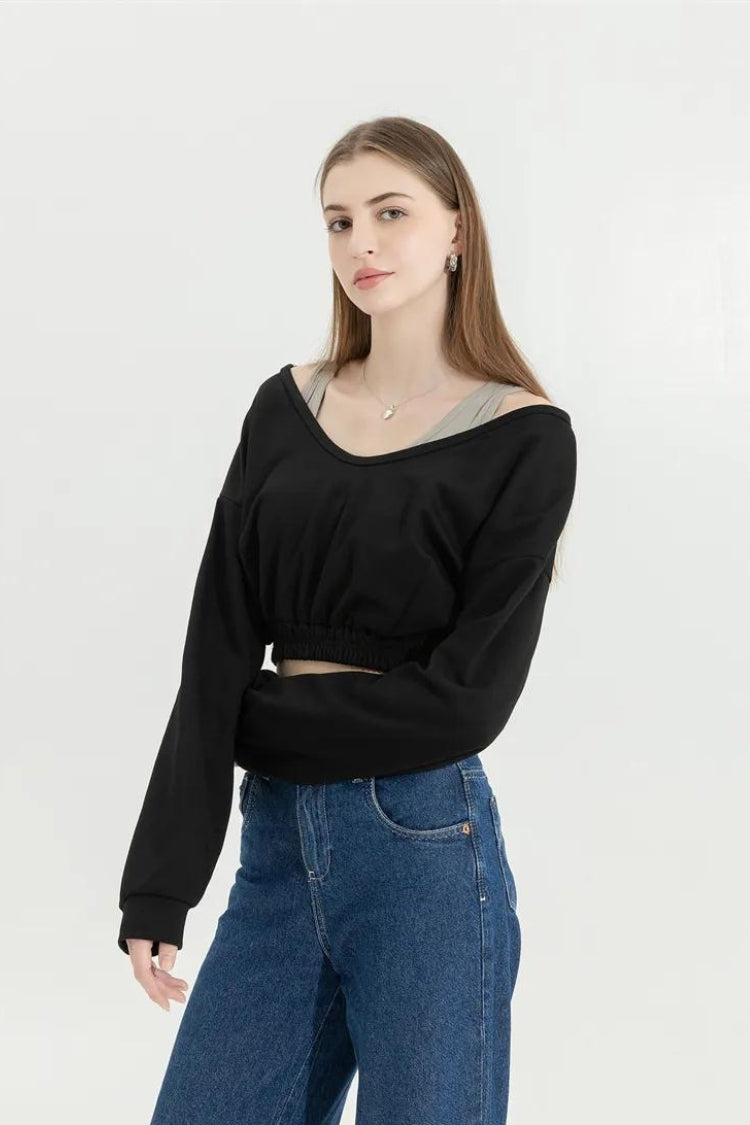 Quick Outfits, Modest Fashion Outfits Ideas Strap Detailed Wide Neck Crop Sweatshirt Quick Outfits, Modest Fashion Outfits Ideas Strap Detailed Wide Neck Crop Sweatshirt