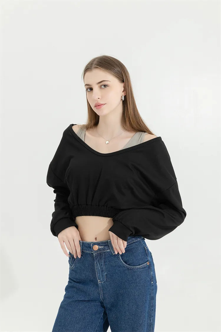 Quick Outfits, Modest Fashion Outfits Ideas Strap Detailed Wide Neck Crop Sweatshirt