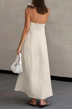 Quick Outfits, Modest Fashion Outfits Ideas Strapless Linen Midi Dress