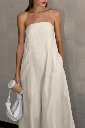 Quick Outfits, Modest Fashion Outfits Ideas Strapless Linen Midi Dress
