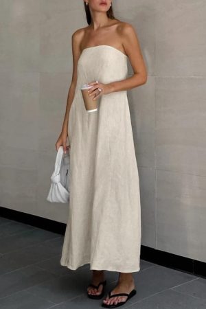 Quick Outfits, Modest Fashion Outfits Ideas Strapless Linen Midi Dress