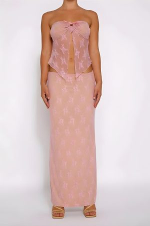 Quick Outfits, Modest Fashion Outfits Ideas Strapless Sheer Top & Maxi Skirt Two Piece Set