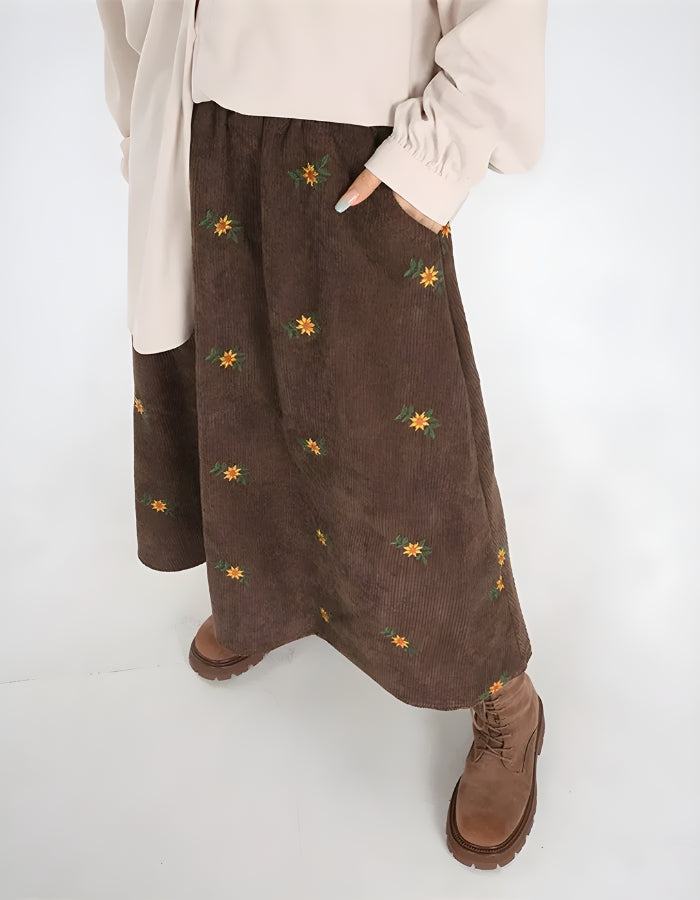 Quick Outfits, Modest Fashion Outfits Ideas Sunflower Embroidered Corduroy Maxi Skirt Quick Outfits, Modest Fashion Outfits Ideas Sunflower Embroidered Corduroy Maxi Skirt
