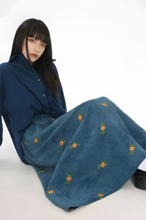 Quick Outfits, Modest Fashion Outfits Ideas Sunflower Embroidered Corduroy Maxi Skirt