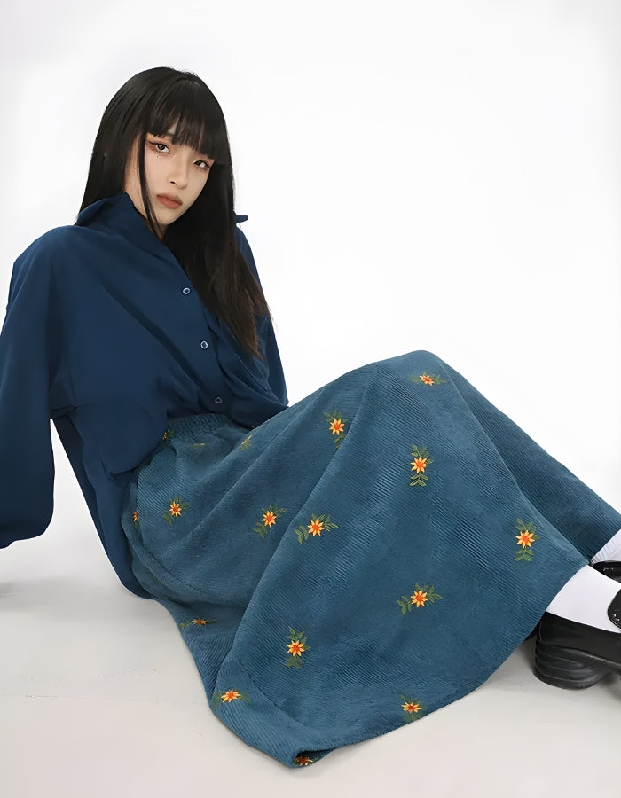 Quick Outfits, Modest Fashion Outfits Ideas Sunflower Embroidered Corduroy Maxi Skirt Quick Outfits, Modest Fashion Outfits Ideas Sunflower Embroidered Corduroy Maxi Skirt