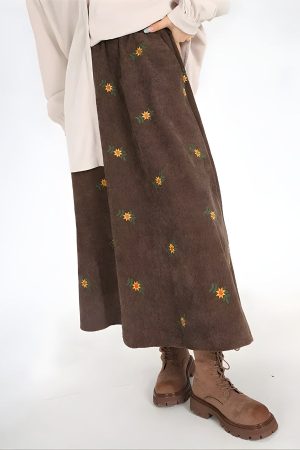 Quick Outfits, Modest Fashion Outfits Ideas Sunflower Embroidered Corduroy Maxi Skirt