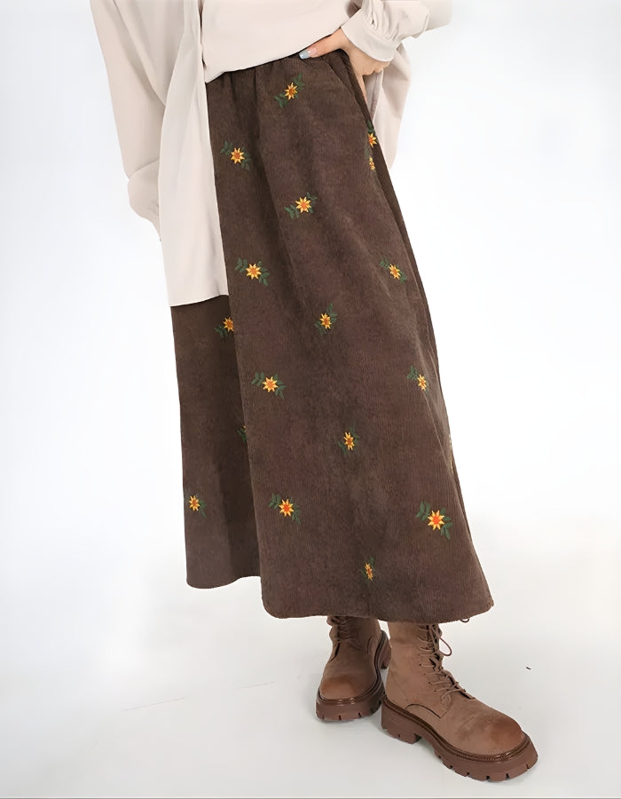 Quick Outfits, Modest Fashion Outfits Ideas Sunflower Embroidered Corduroy Maxi Skirt Quick Outfits, Modest Fashion Outfits Ideas Sunflower Embroidered Corduroy Maxi Skirt