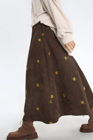 Quick Outfits, Modest Fashion Outfits Ideas Sunflower Embroidered Corduroy Maxi Skirt
