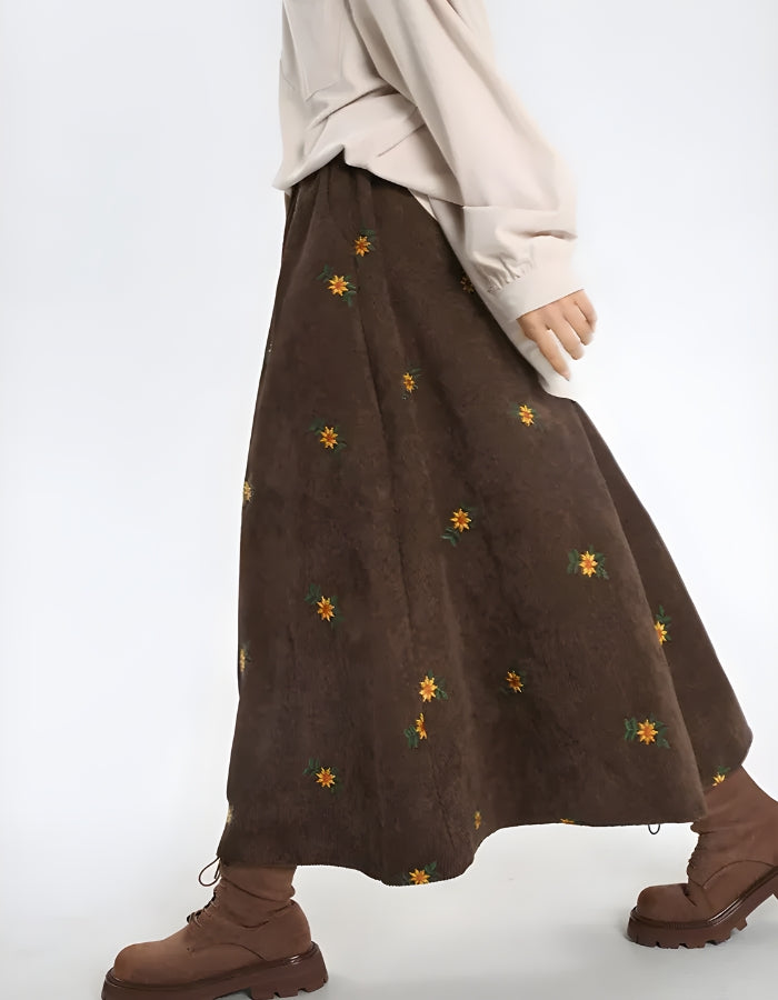Quick Outfits, Modest Fashion Outfits Ideas Sunflower Embroidered Corduroy Maxi Skirt Quick Outfits, Modest Fashion Outfits Ideas Sunflower Embroidered Corduroy Maxi Skirt