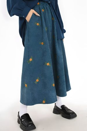 Quick Outfits, Modest Fashion Outfits Ideas Sunflower Embroidered Corduroy Maxi Skirt